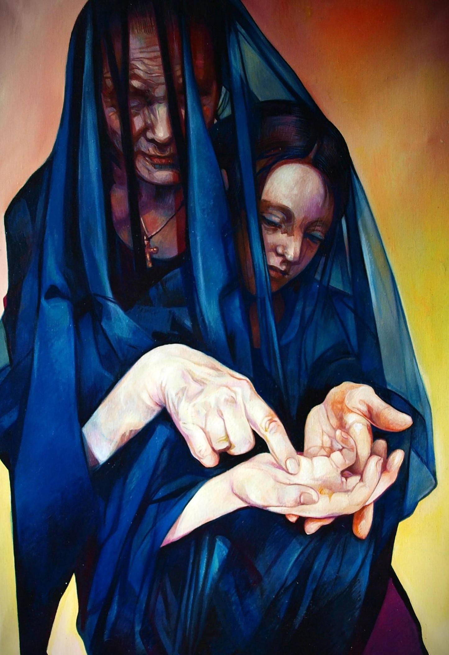 Oil painting Fate by Konsta G. Amelinn: deep blue veil drapes clasped hands