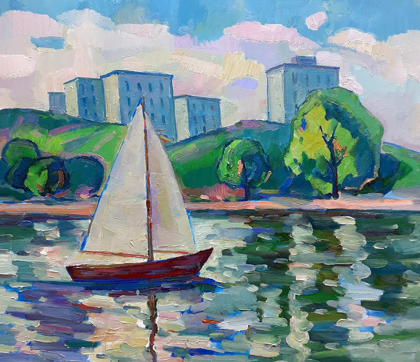Oil painting Sails at sea by Peter Dobrev: red sailboat with white sail