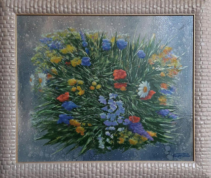 Vibrant oil painting of wildflower bouquet by Vasily Korkishko in silver frame