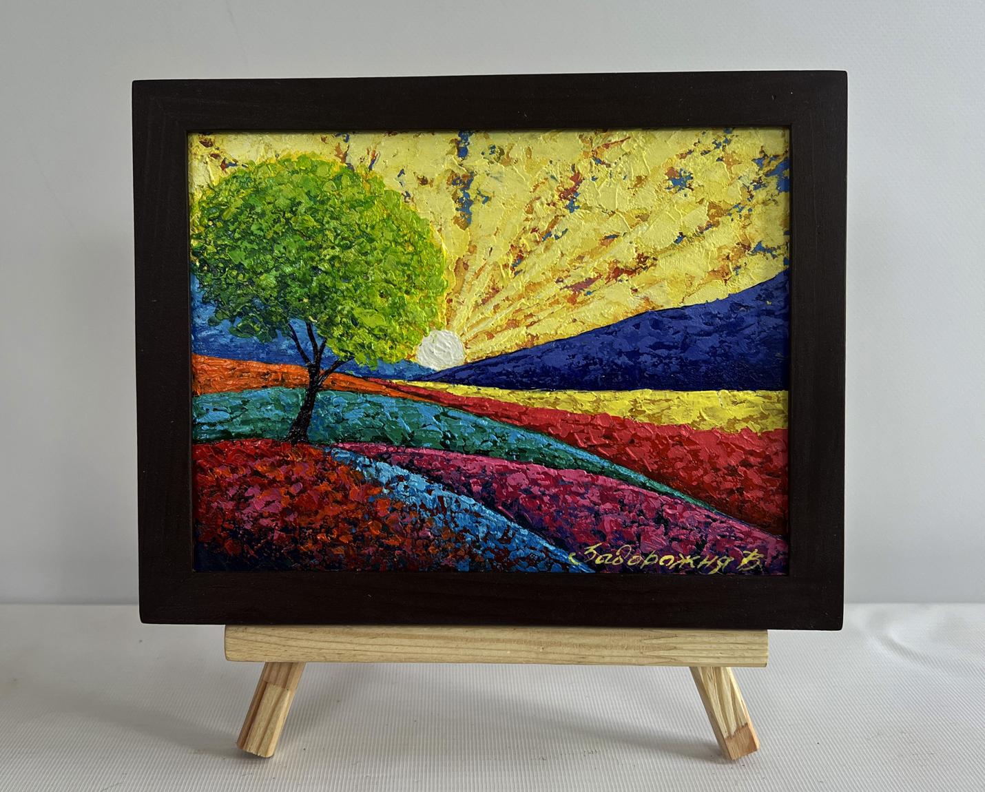 Oil painting In the field watching the sunset by V. Zadorozhnya in wooden frame