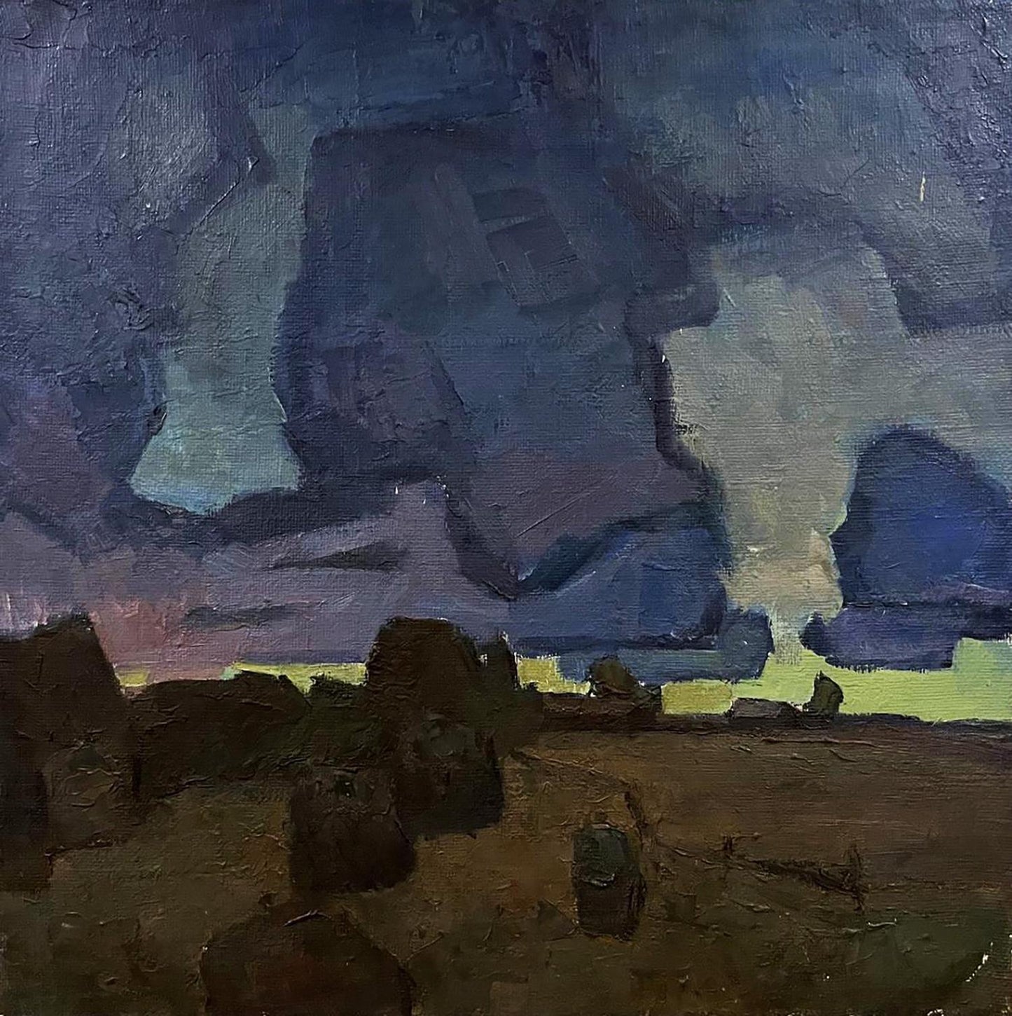Oil painting Evening stacks by Oleksandr Andreev moody landscape