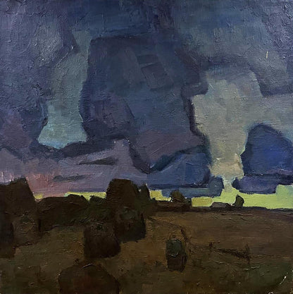 Oil painting Evening stacks by Oleksandr Andreev moody landscape