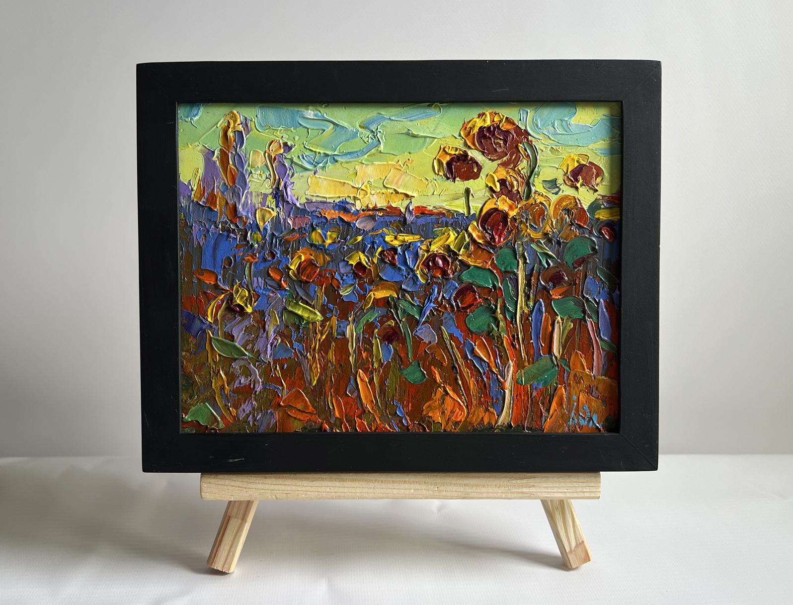 Vibrant textured sunflower field oil painting by Oleksiy Ivanyuk in black frame