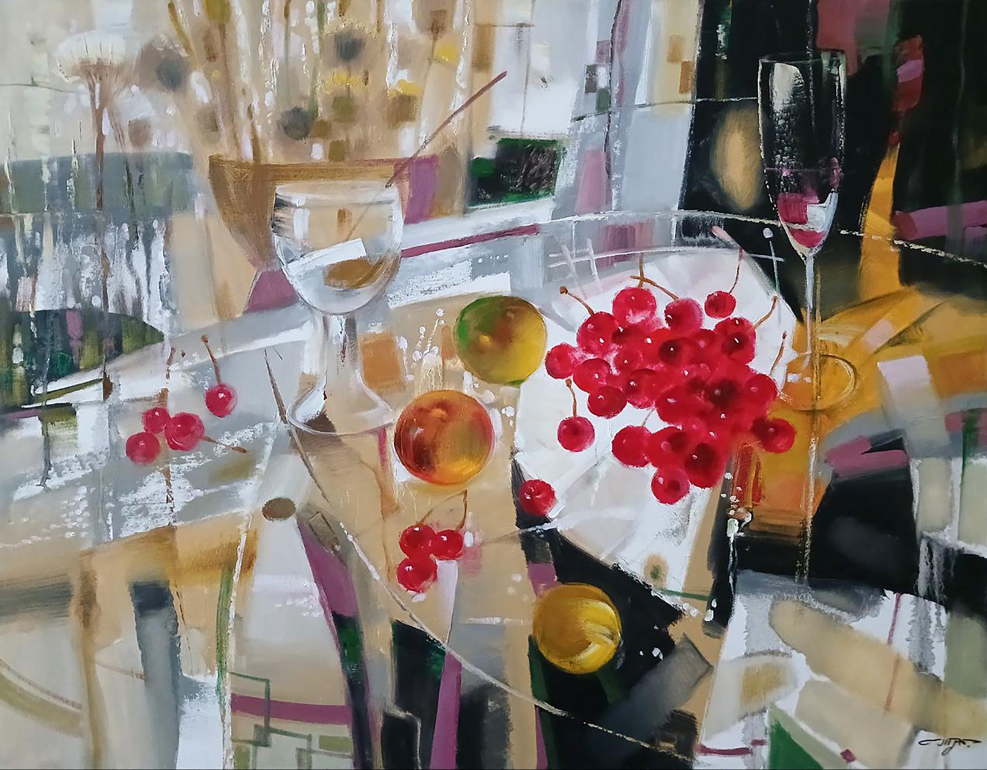 Abstract oil painting of glossy red currants by Anatoly Tarabanov