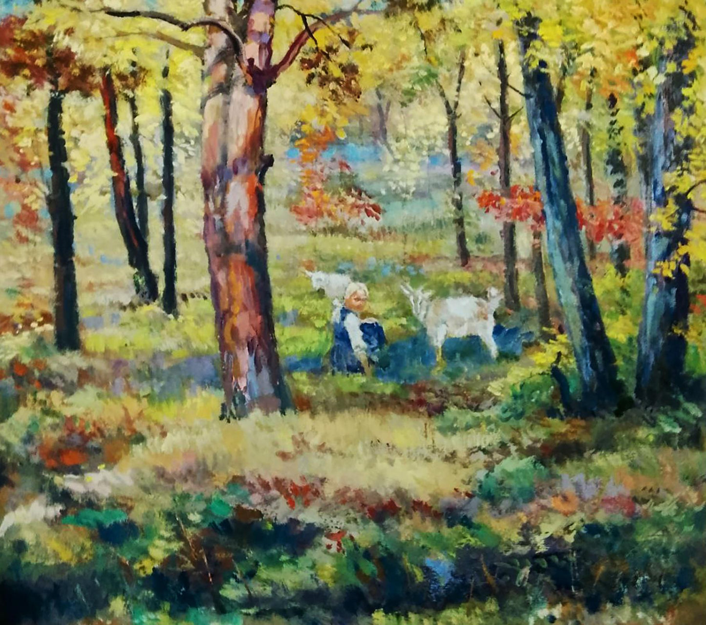 Vibrant autumn forest oil painting by Vitaly Duhnevich with blue figure
