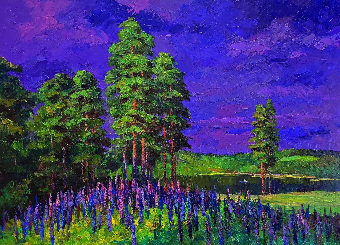 Vibrant oil painting by Boris Serdyuk: pine trees, purple wildflowers