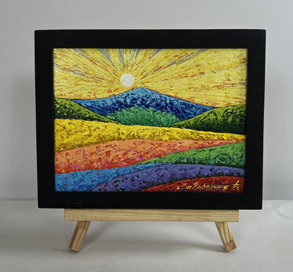 Oil painting Sunset rays over mountain valley by V. Zadorozhnya in black frame