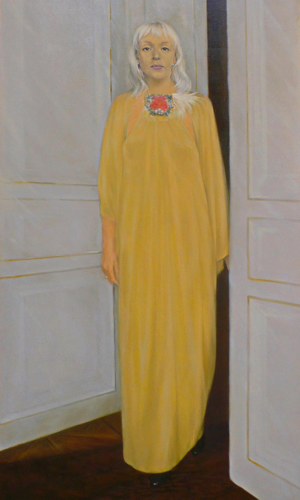 Oil painting portrait of woman in mustard gown by Vasily Korkishko