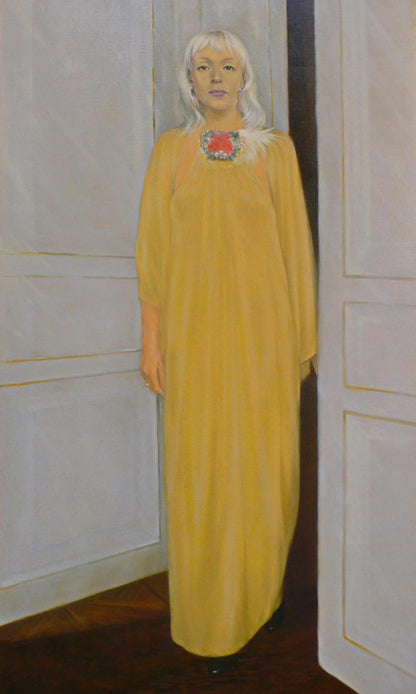 Oil painting portrait of woman in mustard gown by Vasily Korkishko