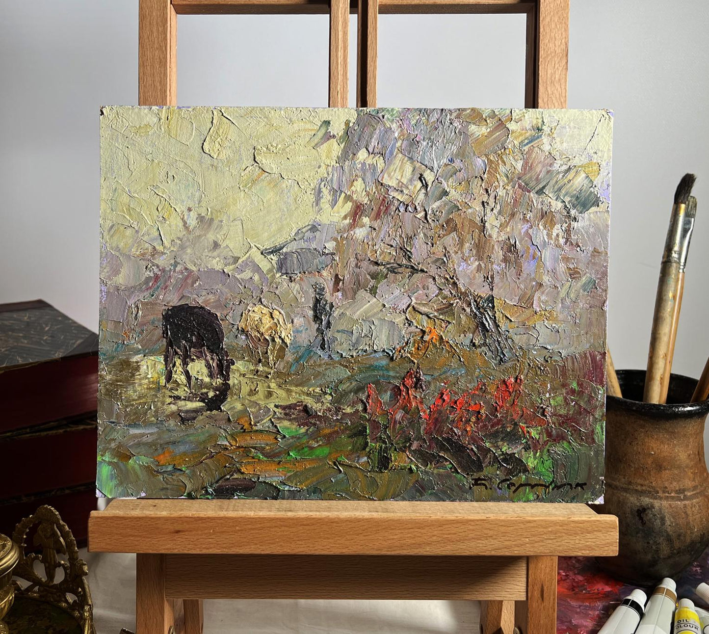 Impasto oil painting Autumn morning fog by Boris Serdyuk, black cow in pastoral scene