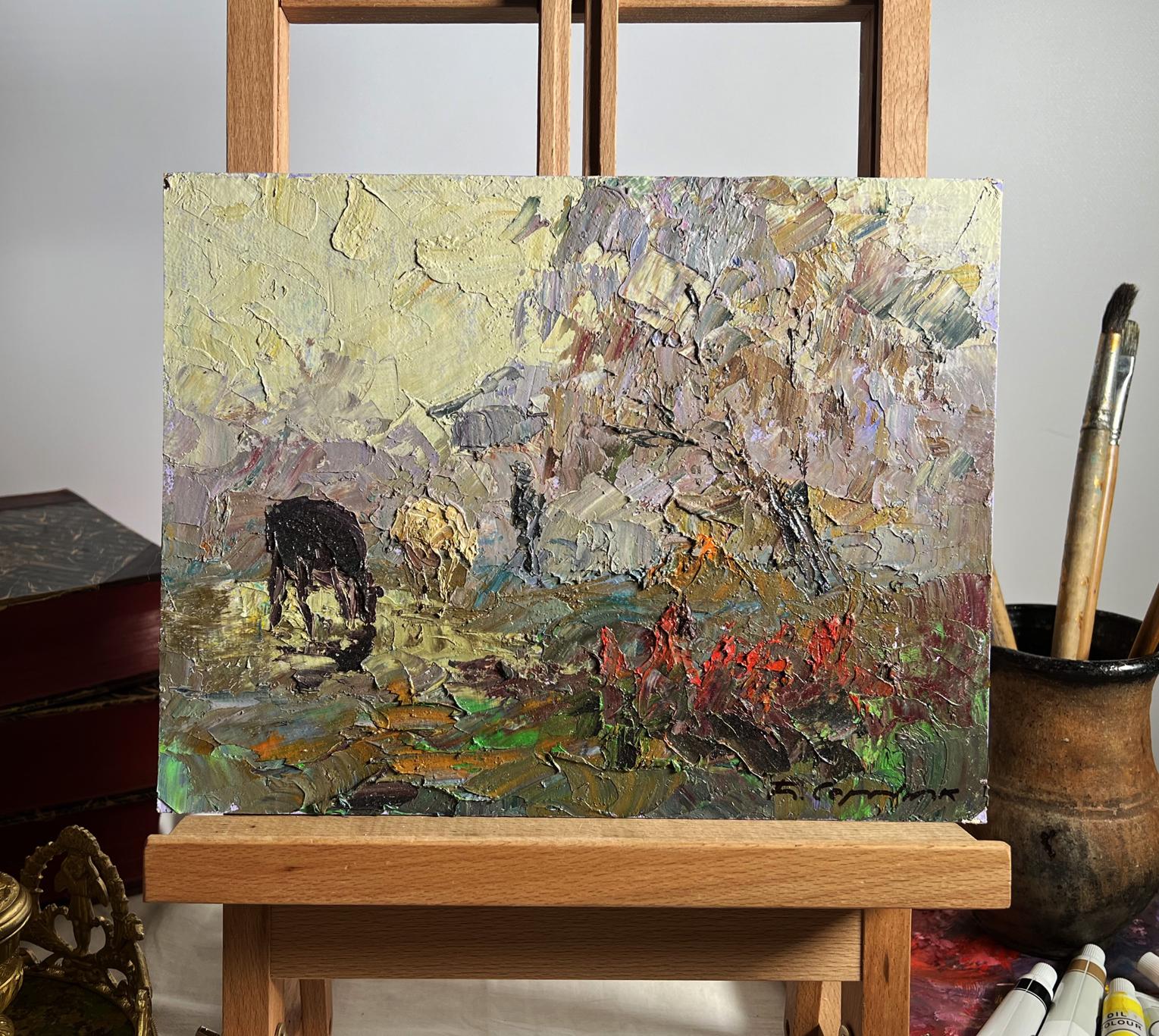 Impasto oil painting Autumn morning fog by Boris Serdyuk, black cow in pastoral scene