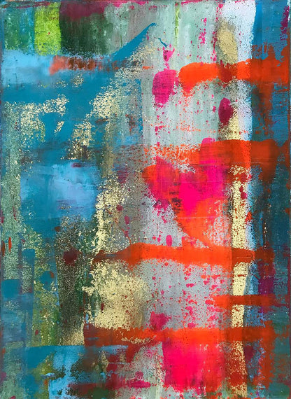 Holiday abstract canvas painting with bold blue, red, gold strokes and texture