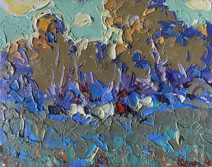 Oil painting They are grazing in the field by Oleksiy Ivanyuk, abstract impasto in blue purple brown teal