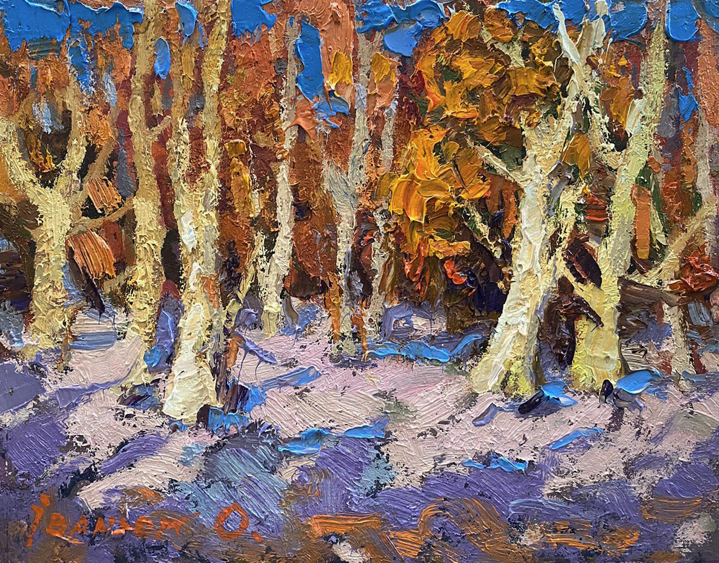 Vibrant impressionist oil painting of snowy birch forest in autumn by Oleksiy Ivanyuk