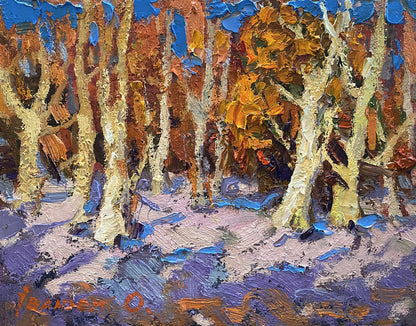 Vibrant impressionist oil painting of snowy birch forest in autumn by Oleksiy Ivanyuk