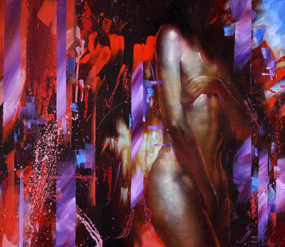 Oil painting Warm night by Alexander Dobrodiy: nude figure in warm tones on vibrant reds, purples