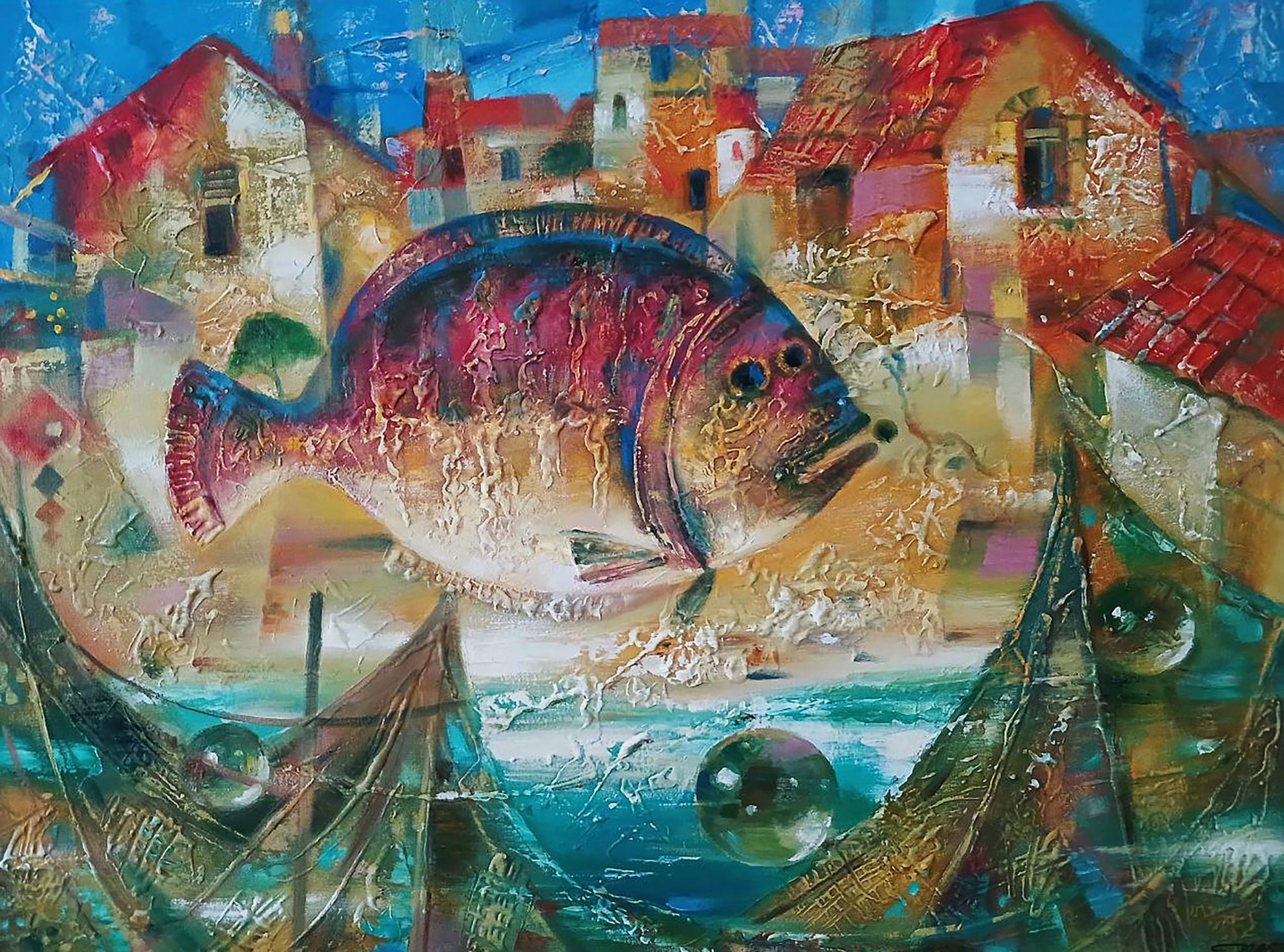 Abstract oil painting of big iridescent fish by Anatoly Tarabanov