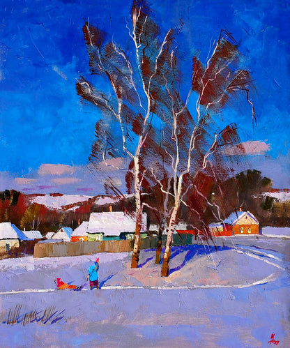 Oil painting January in the city by Egor Shvachunov: snowy birches under blue sky