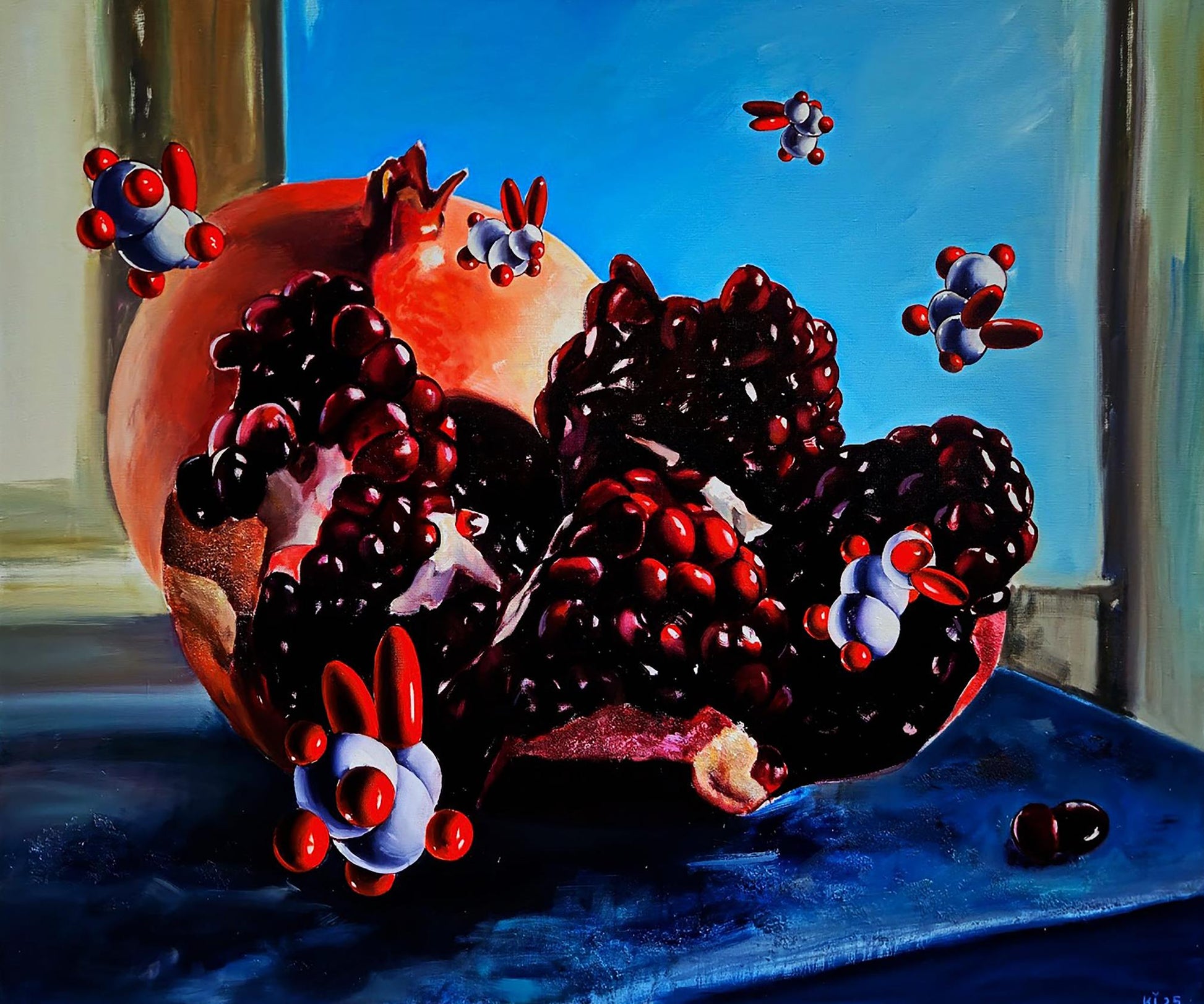 Oil painting of vibrant pomegranate by Igor Konovalov on blue surface