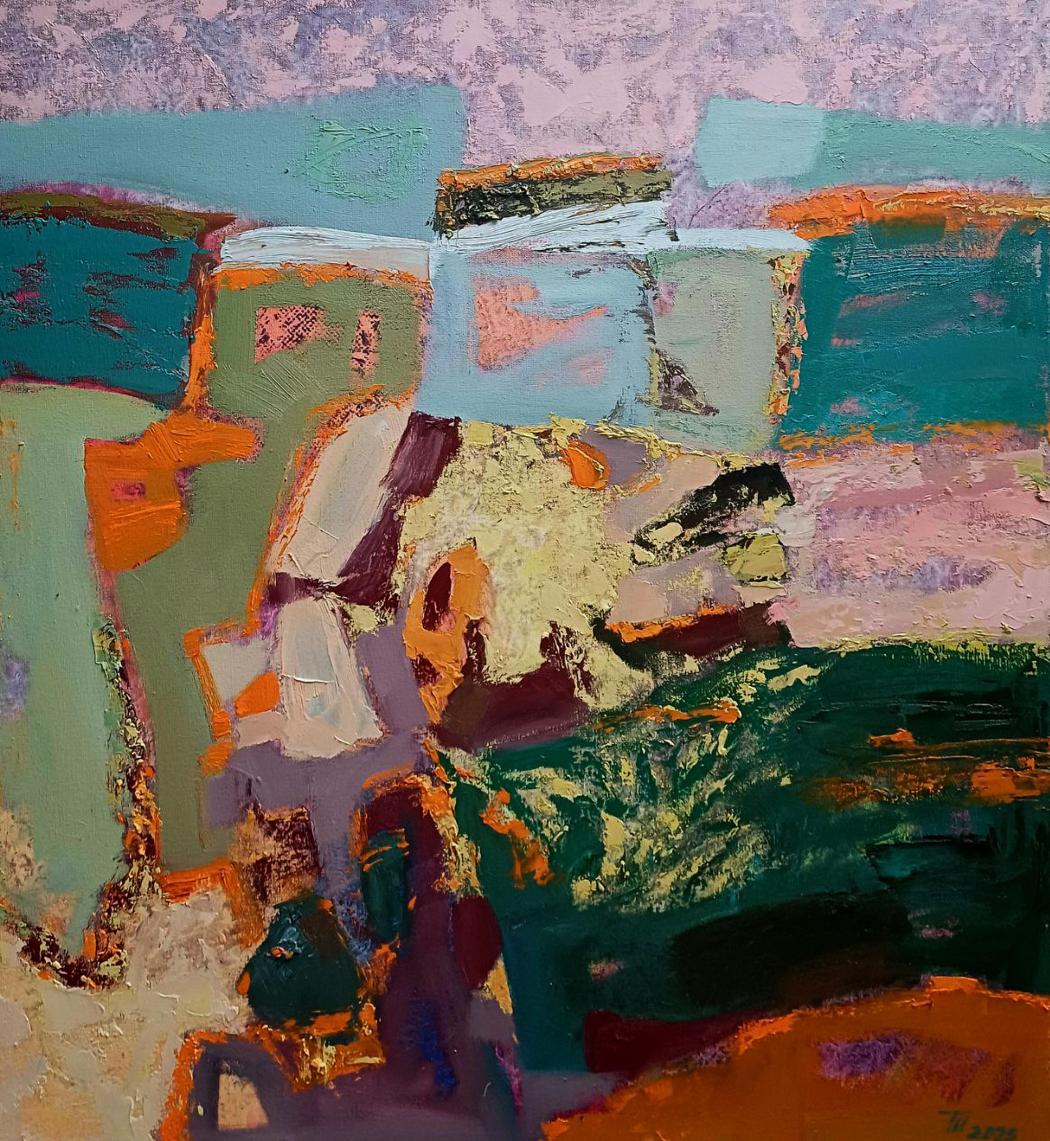 Abstract teal orange green purple oil painting Summer season dream of travel by Tatyana Shulyak