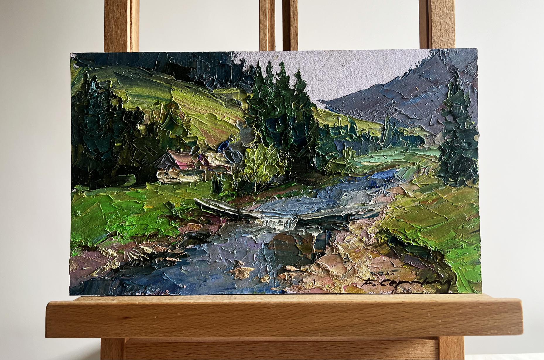 Oil painting of houses in mountains by Boris Serdyuk with stream