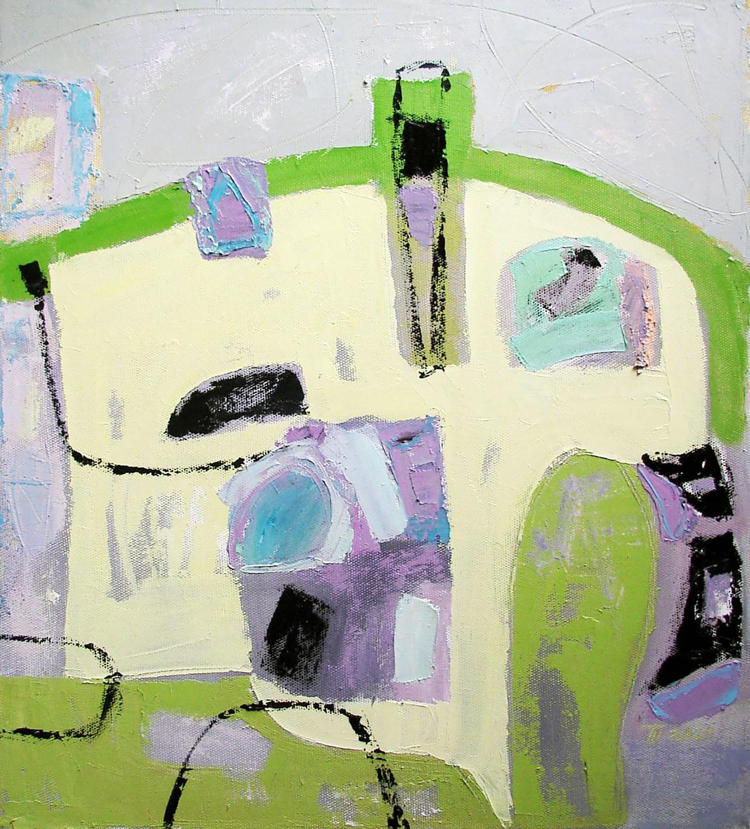 Oil painting Gentle Miro by Tatyana Shulyak with green purple black strokes