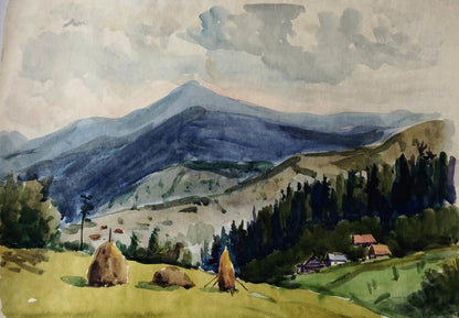 Watercolor painting of forests meeting mountains by Vitaly Duhnevich