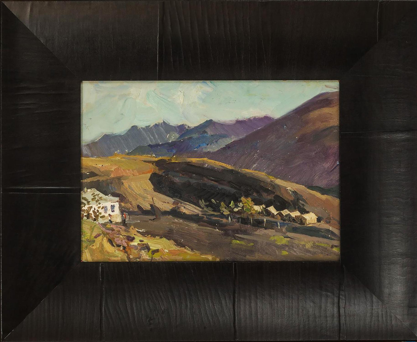 Oil painting Houses in the Valley by Oleksandr Andreev, mountainous landscape