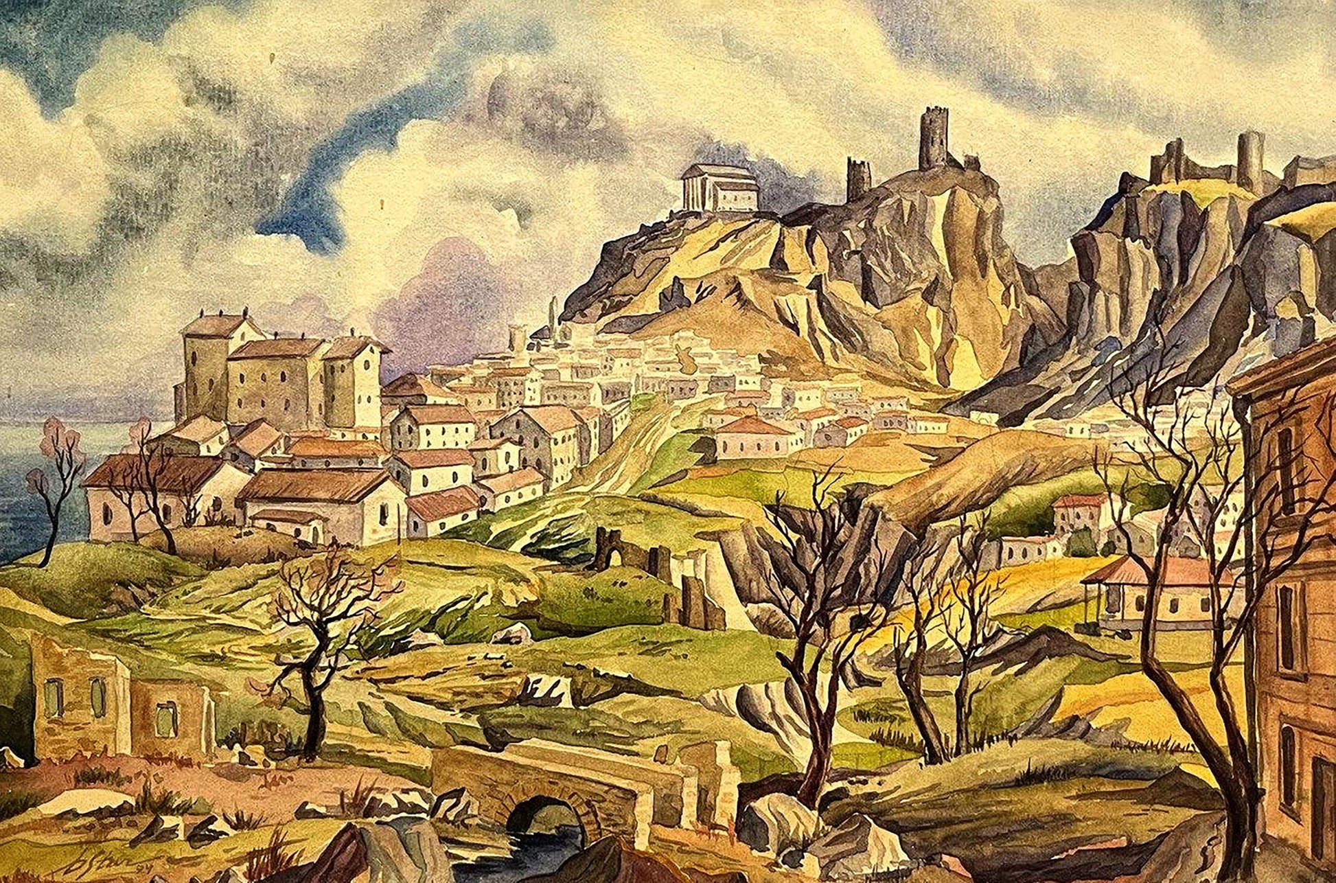 Watercolor painting of Dmytro Startsev city in mountains with ruins