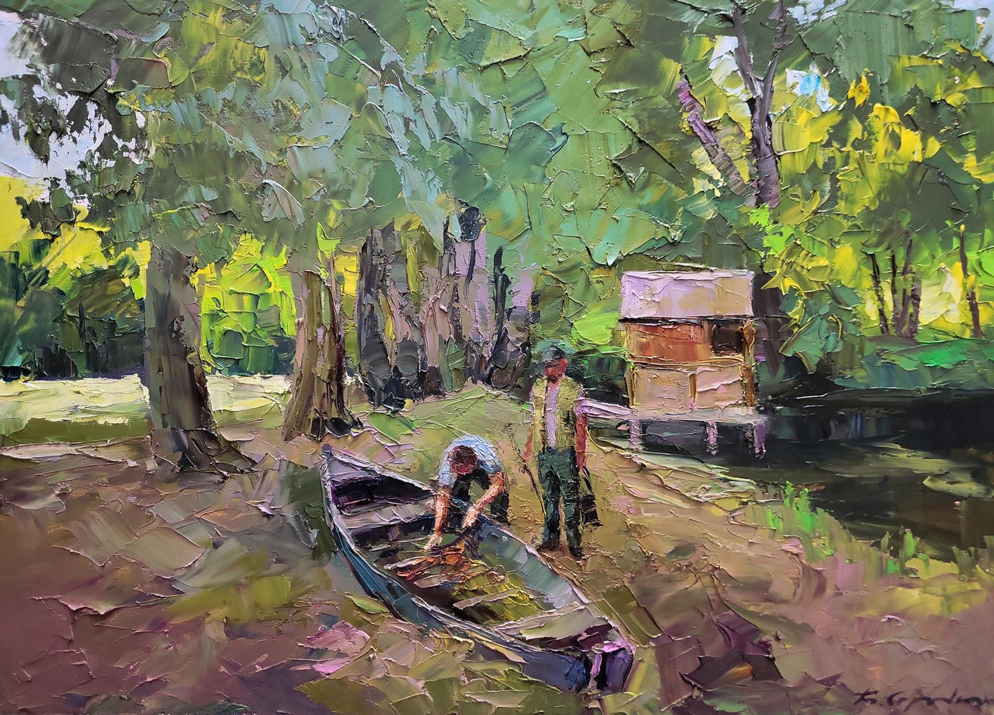 Oil painting by Boris Serdyuk: dark blue rowboat on muddy bank by figures under trees