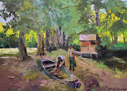 Oil painting by Boris Serdyuk: dark blue rowboat on muddy bank by figures under trees