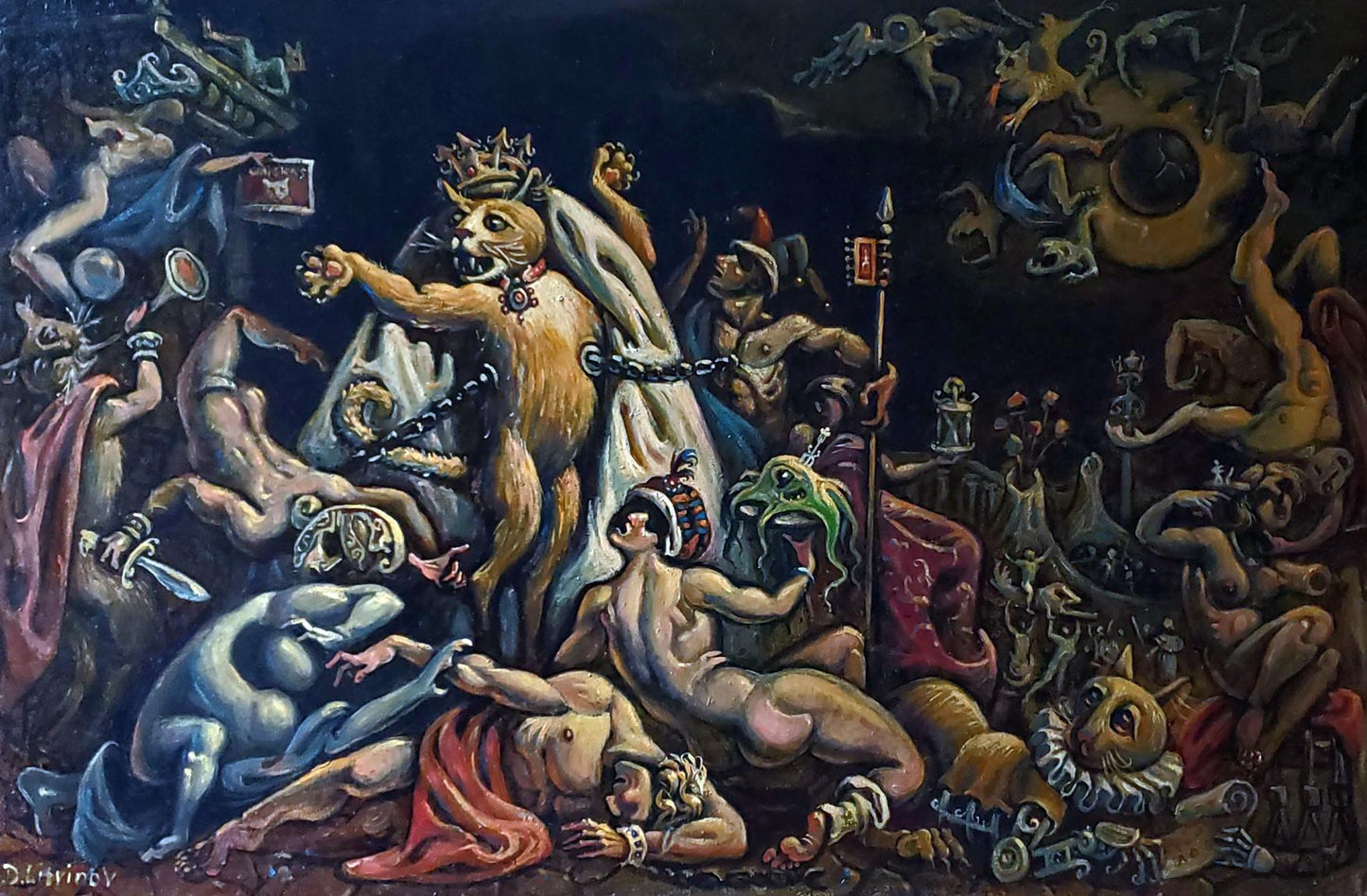 Oil painting Eclipse by Daniil Litvinov: crowned bear in surreal chaos