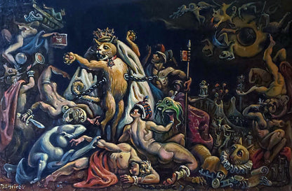 Oil painting Eclipse by Daniil Litvinov: crowned bear in surreal chaos