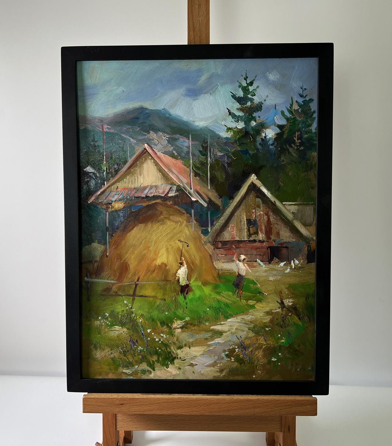 Framed oil painting of rustic houses on mountains by Yuriy Suprunchuk