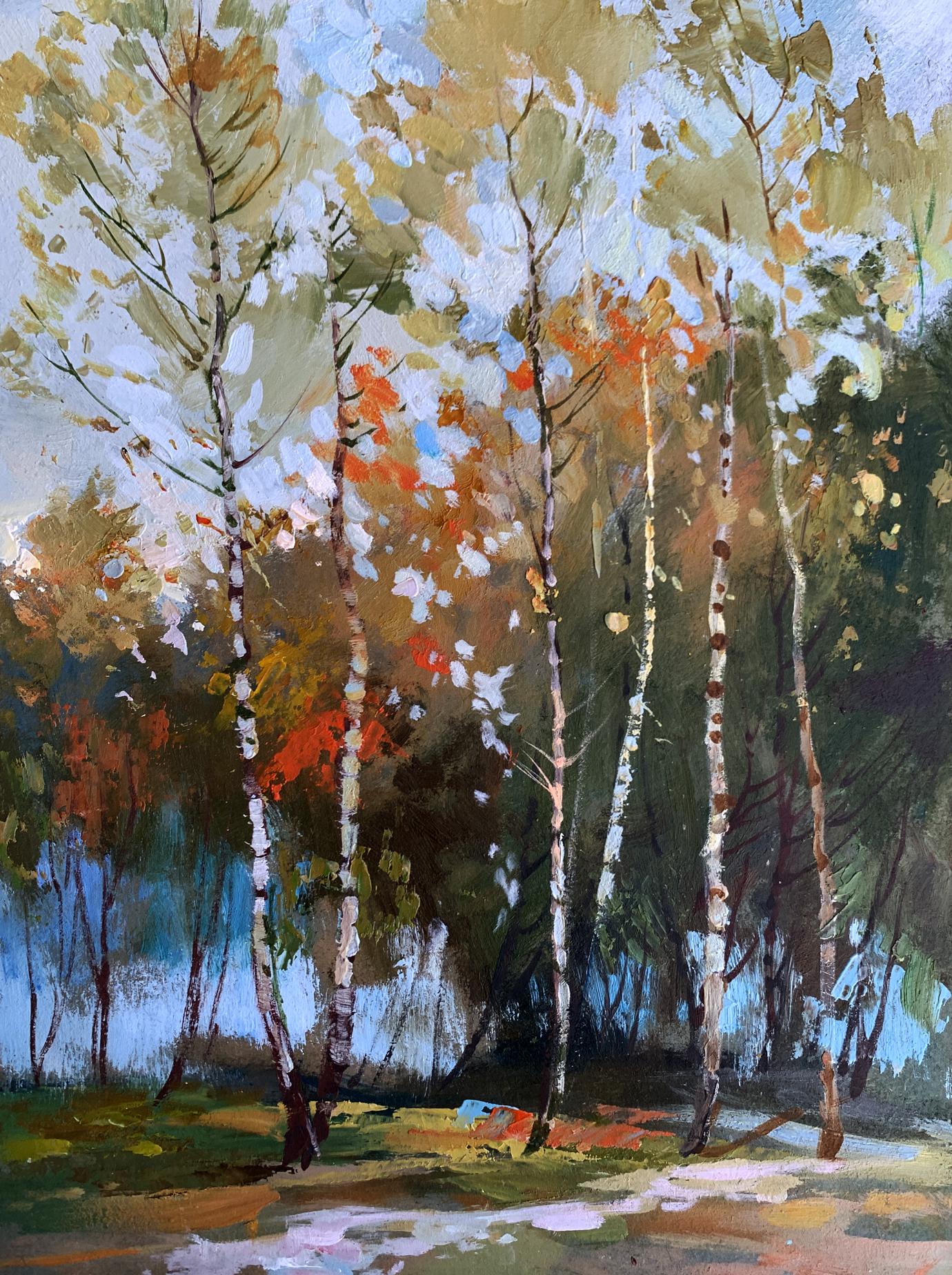 Vibrant impressionist oil painting of birch autumn forest by Yuriy Suprunchuk