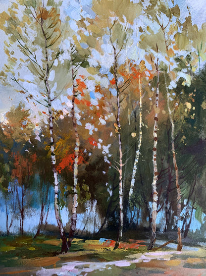 Vibrant impressionist oil painting of birch autumn forest by Yuriy Suprunchuk