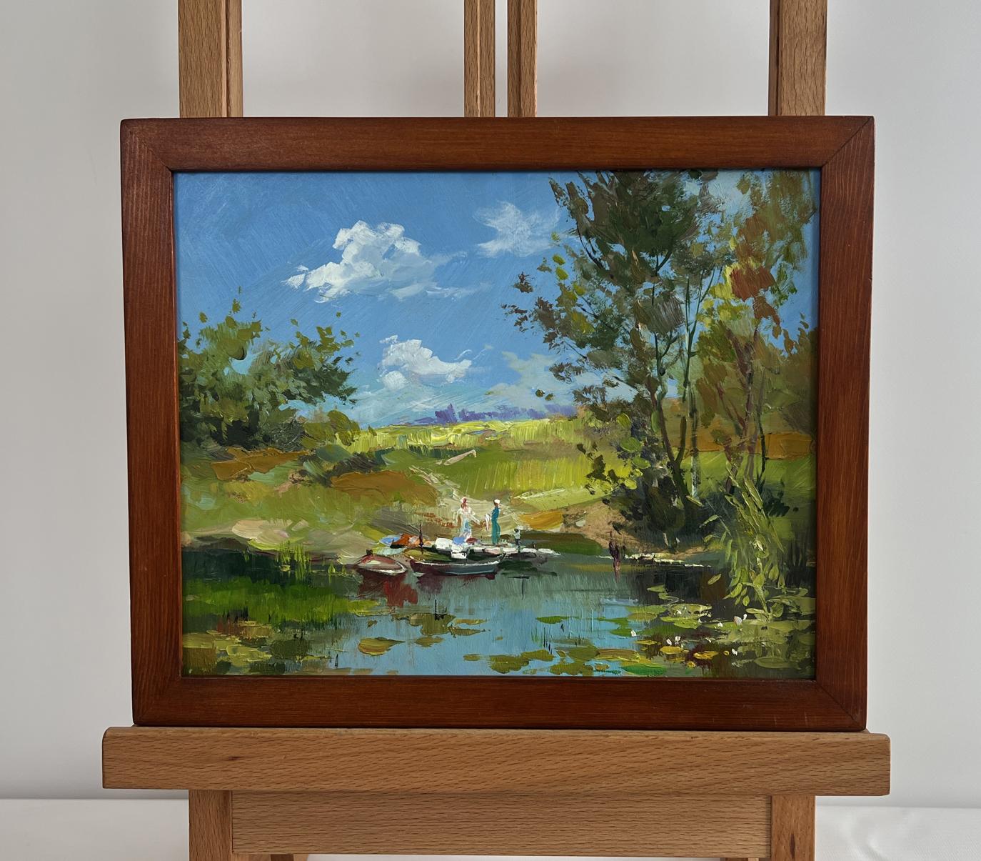 Framed oil painting by Yuriy Suprunchuk: serene summer lakeside swim scene