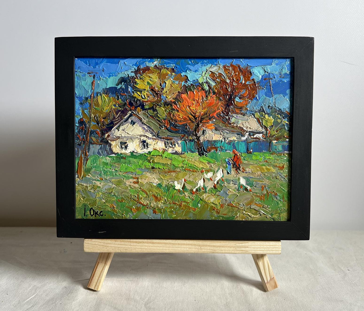Oil painting Village street by Oksana Ivanyuk, autumn trees in black frame
