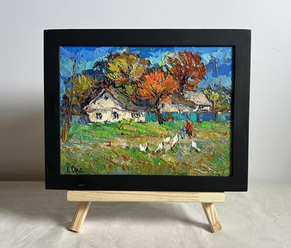 Oil painting Village street by Oksana Ivanyuk, autumn trees in black frame
