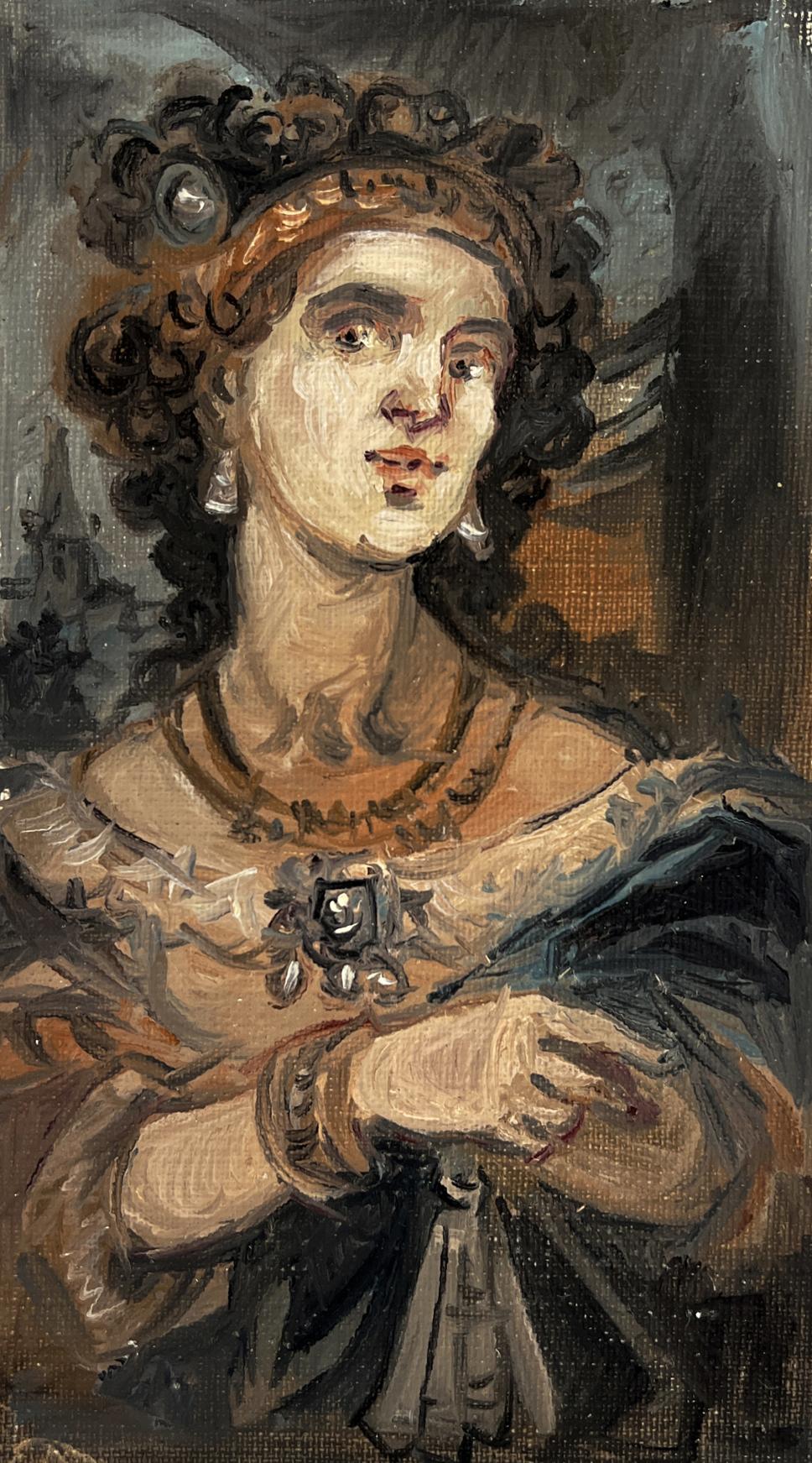 Oil painting portrait of noble woman in ornate lace gown by Alexander Litvinov