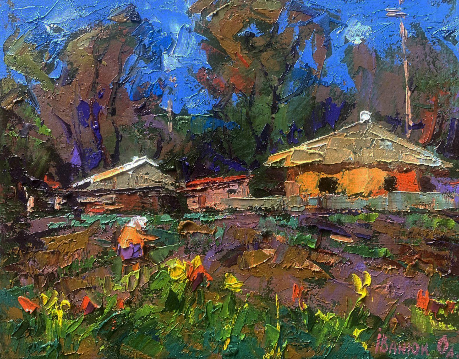 Vibrant impressionist oil painting by Oleksiy Ivanyuk of warm evening rays on old porch