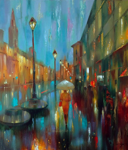 Abstract oil painting of solitary figure in orange coat with glowing umbrella on rainy street by Anatoly Tarabanov