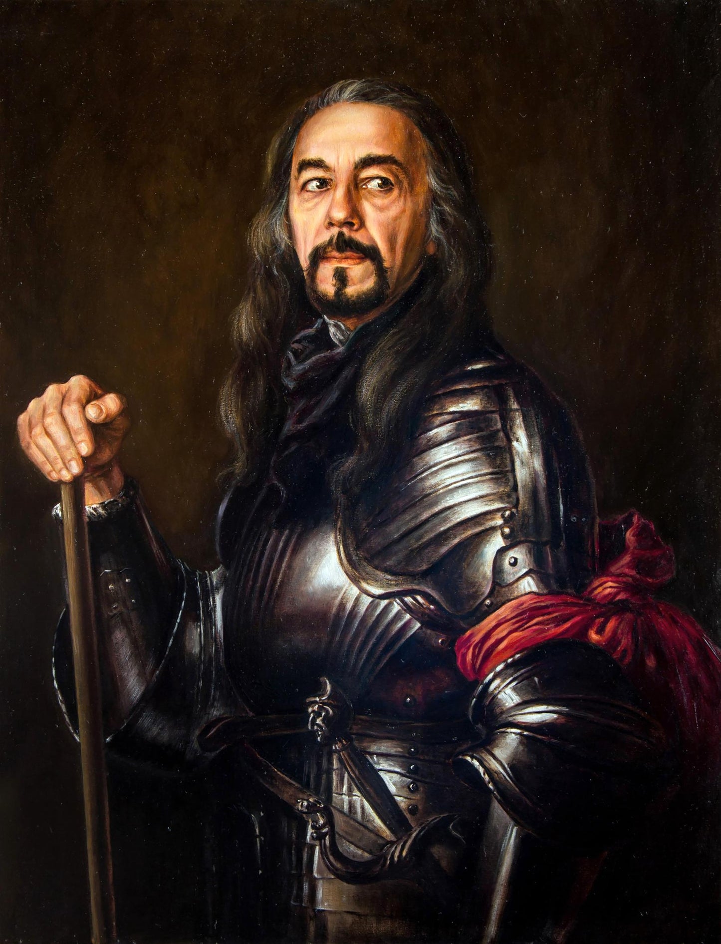 Oil painting of Valeriy Bulat self-portrait in dark knight armor with red sash