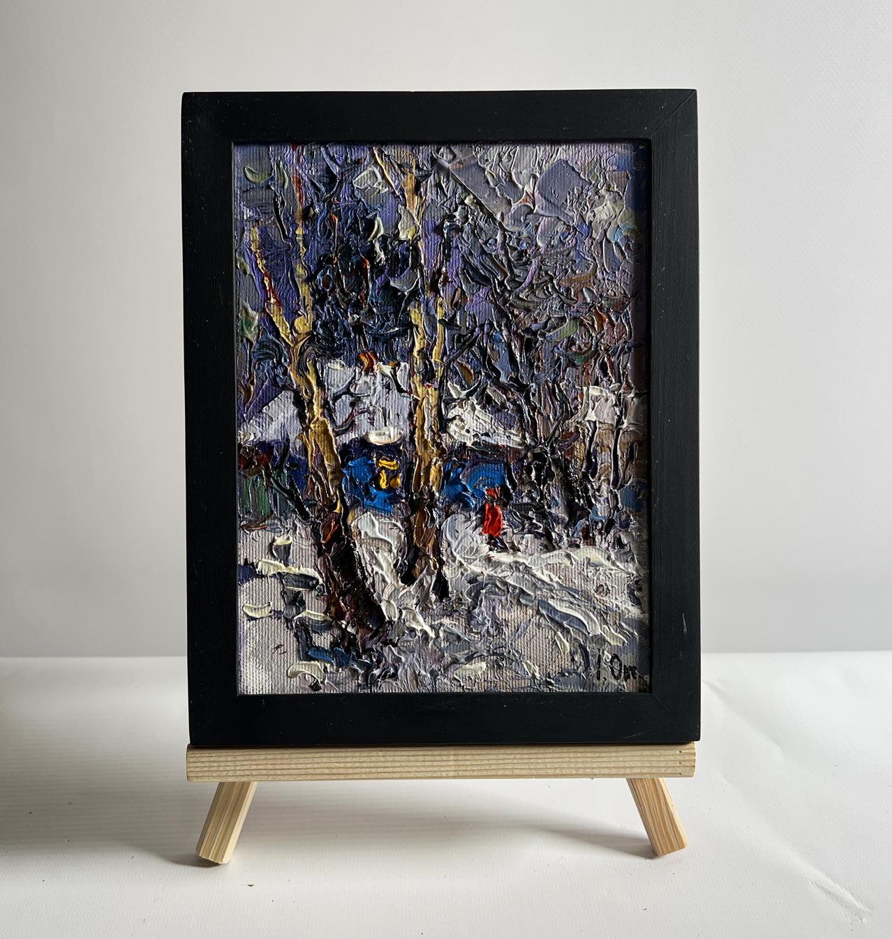 Oil painting The winter night came quickly by Oksana Ivanyuk snowy forest scene