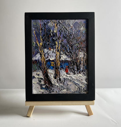 Oil painting The winter night came quickly by Oksana Ivanyuk snowy forest scene