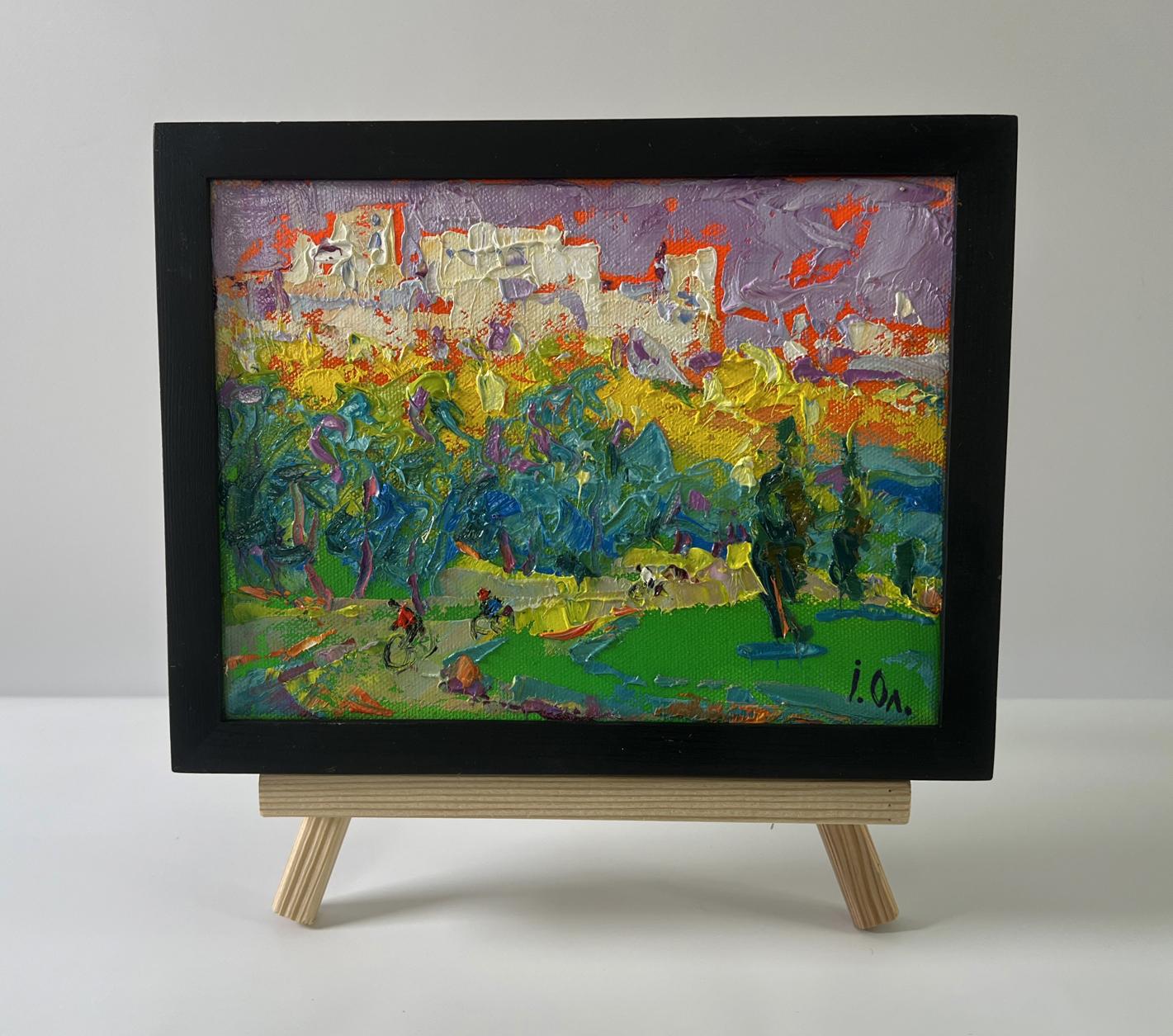 Vibrant Oleksiy Ivanyuk oil painting of city walk with cyclists in black frame