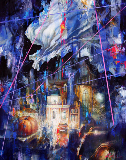 Oil painting Night on the town by Alexander Dobrodiy: surreal glowing cityscape