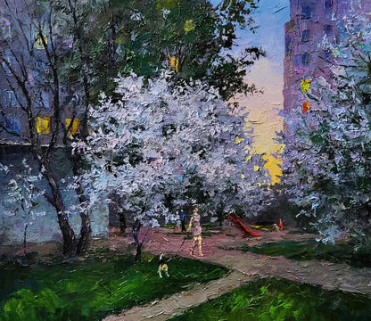 Vibrant oil painting Evening Courtyard in the City by Boris Serdyuk, blossoming tree