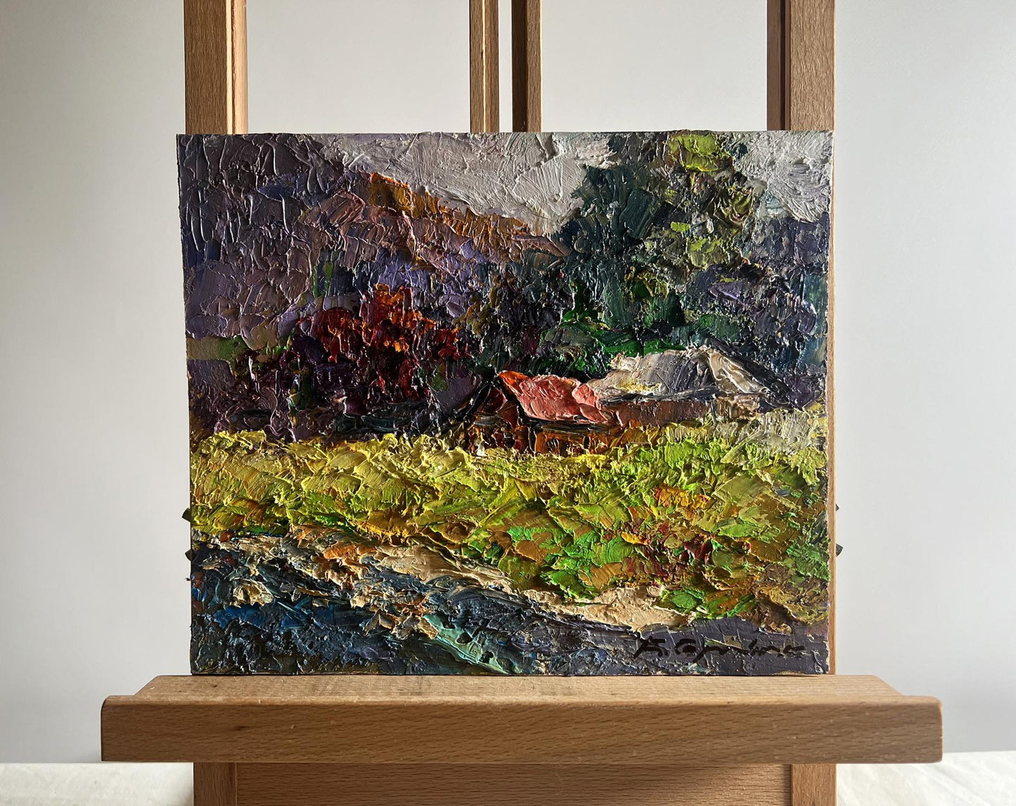 Oil painting Autumn in the mountains by Boris Serdyuk, rustic cottage scene