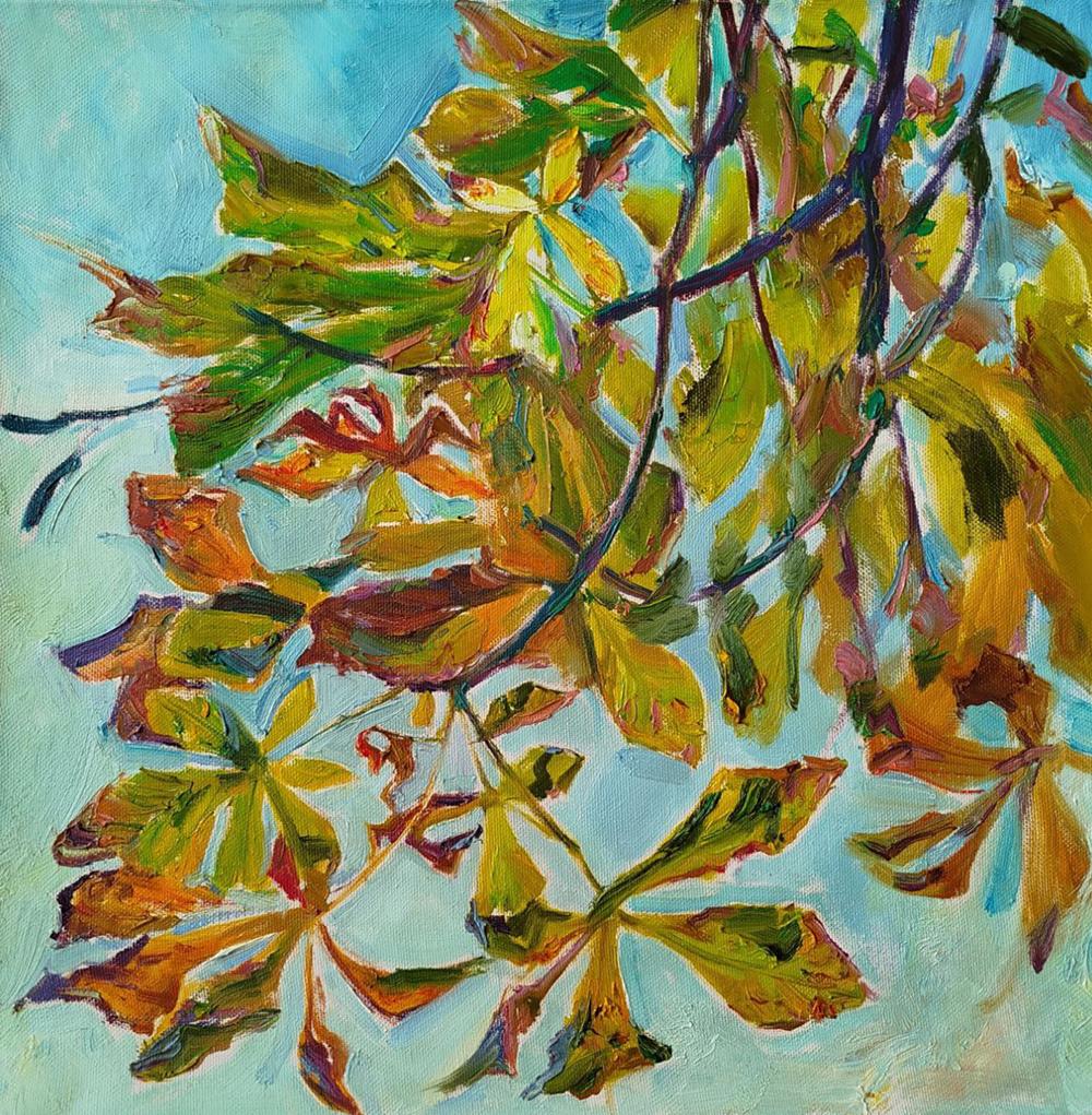 Vibrant oil painting Chestnut leaves by Leonid Pavlenko autumn impressionist art